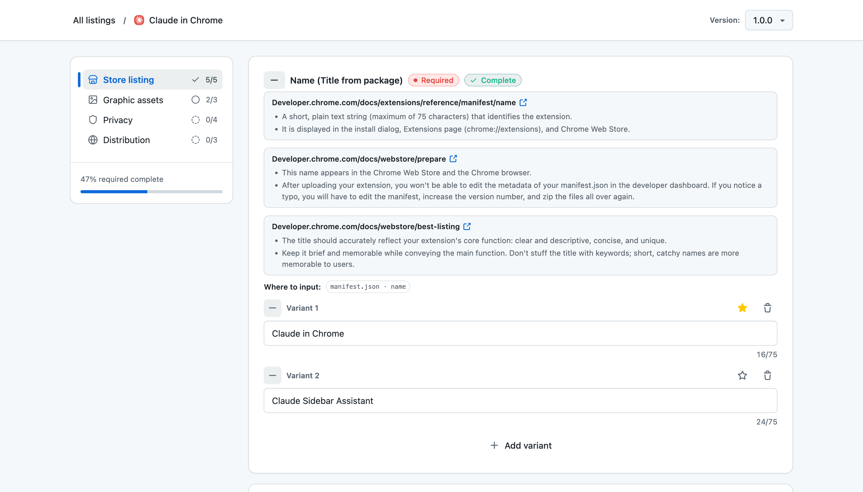 Listing Quick dashboard for preparing a Chrome Web Store extension listing
